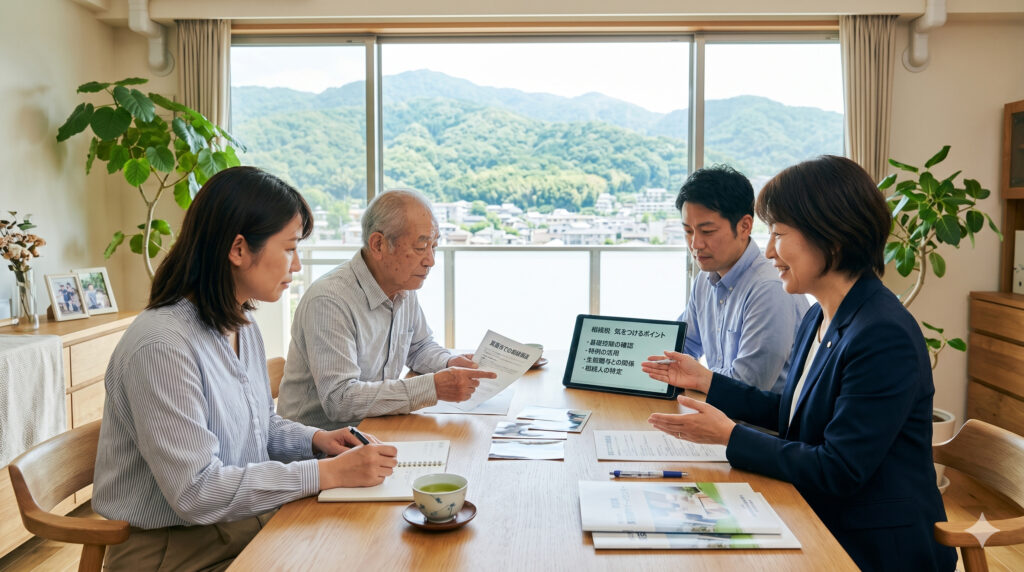 箕面で相続税の気をつけるポイントを確認する家族と税理士のイメージ