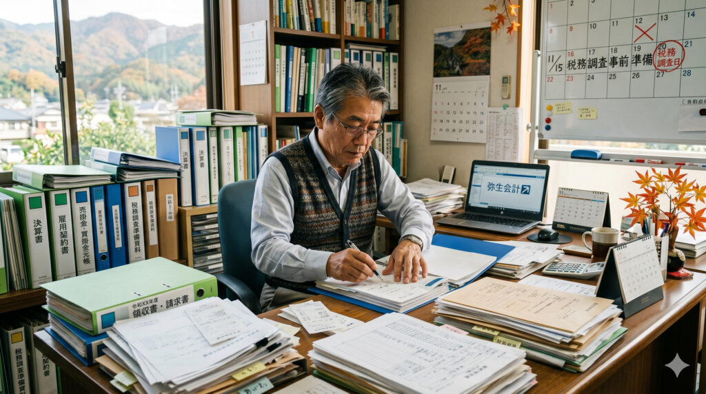税務調査に向けて書類を整理する中小企業経営者のイメージ