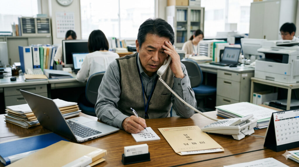 税務署から電話連絡を受ける中小企業経営者のイメージ