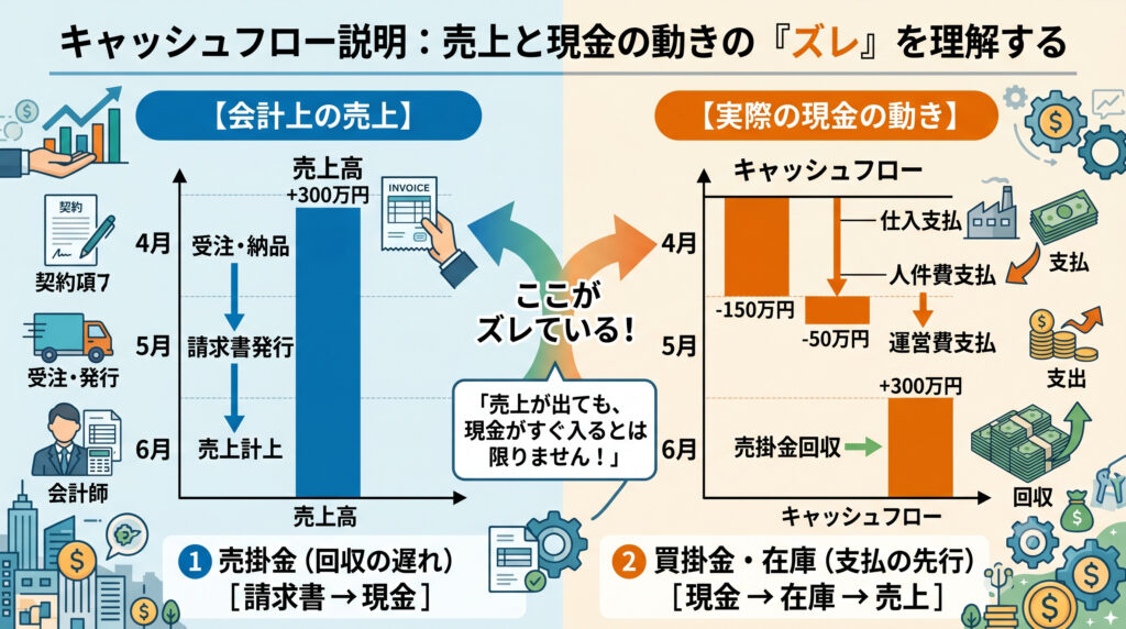売上と現金の動きのズレを示すキャッシュフロー説明のイメージ