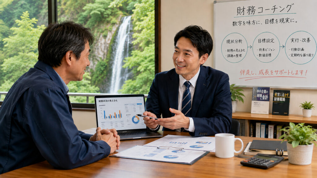 箕面の中小企業経営者と税理士が財務コーチングを行うイメージ