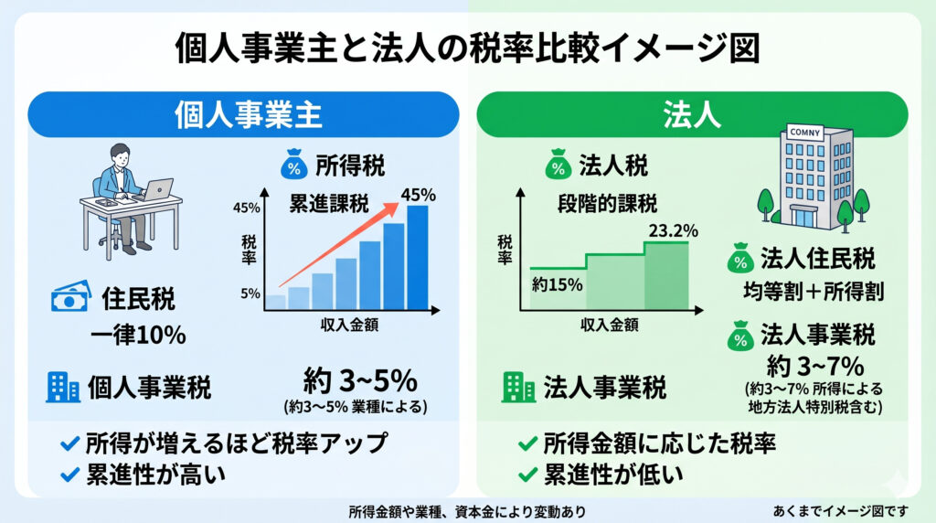 個人事業主と法人の税率比較イメージ図