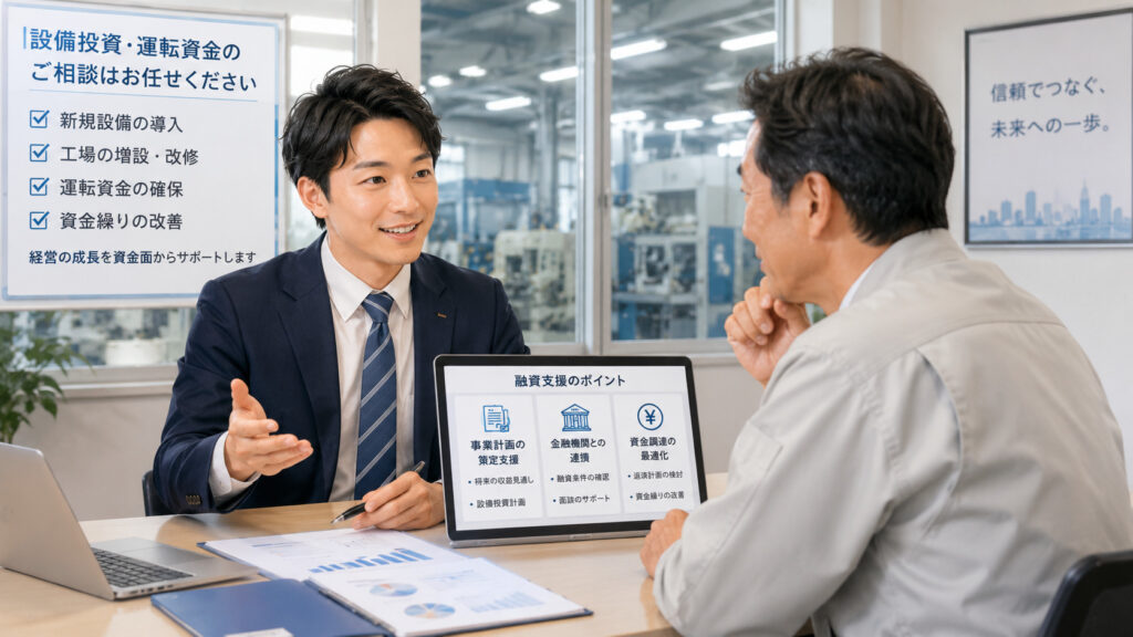 製造業の経営者が税理士と融資について相談するイメージ
