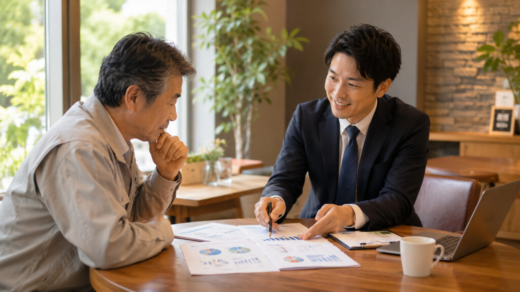 税理士と経営者が財務データを見ながら面談するイメージ