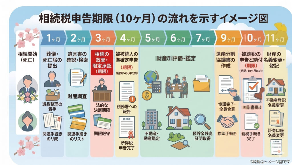 相続税申告期限(10か月)の流れを示すイメージ図