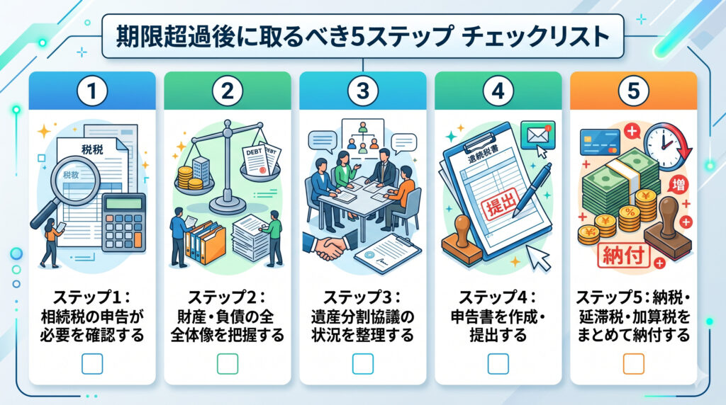 期限超過後に取るべき5ステップのチェックリストイメージ