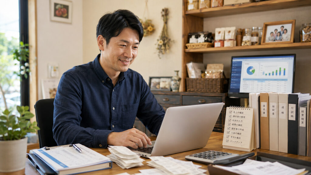 家族経営の会社で経理を一人で完結できるようになったイメージ