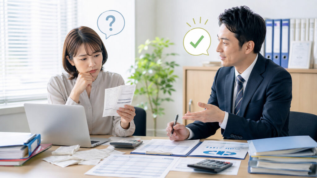 経理の判断に迷う場面を税理士に相談するイメージ