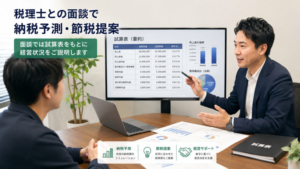 税理士との面談で納税予測・節税提案を行うイメージ