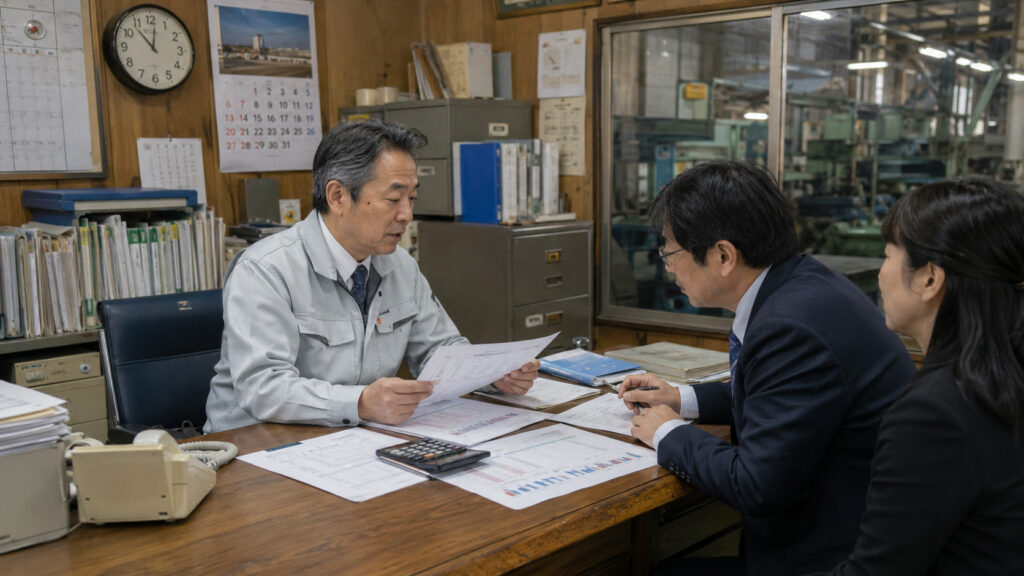 箕面で決算書を確認しながら経営判断をするイメージ
