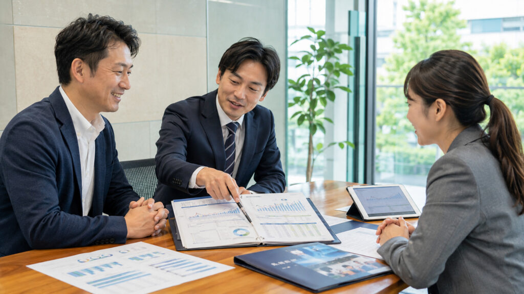 月次報告書を金融機関との交渉に活用するイメージ