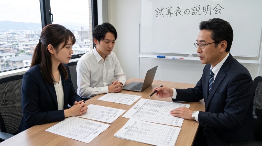 試算表の説明を受けているイメージ