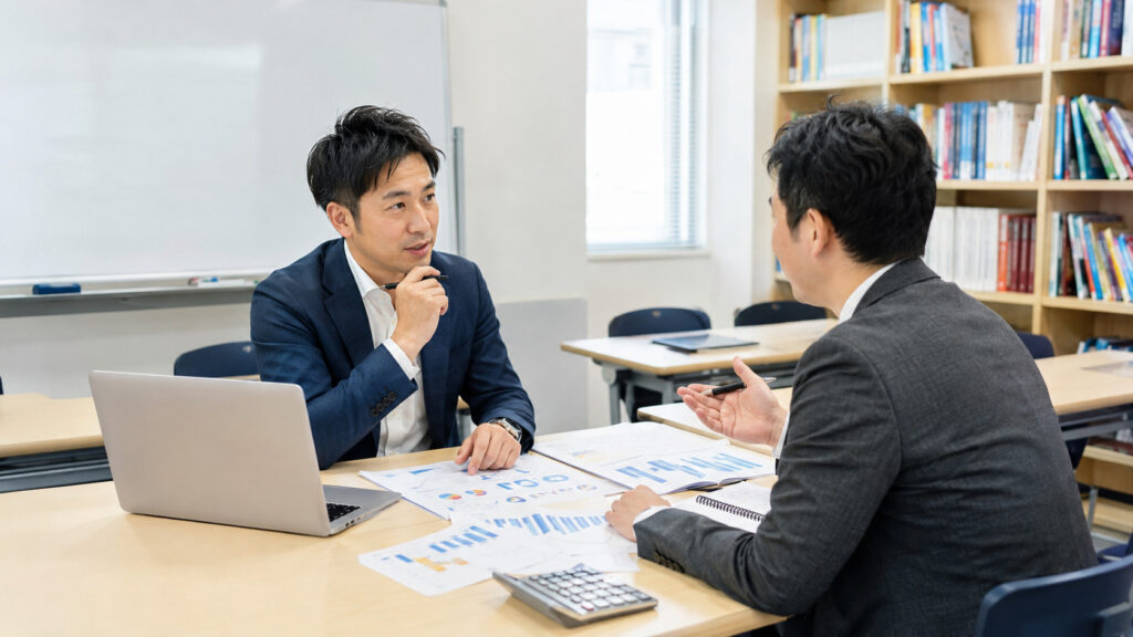 箕面市の学習塾で財務コーチングを受ける経営者のイメージ