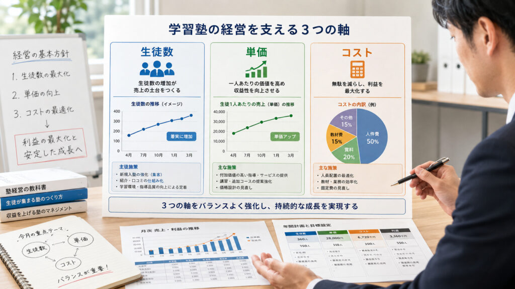 生徒数・単価・コストの3軸で経営を整理するイメージ