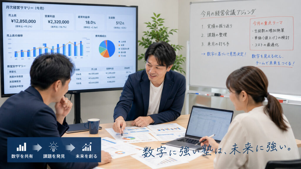 毎月の経営会議で数字を一緒に考えるイメージ
