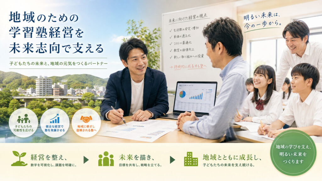 地域のための学習塾経営を未来志向で支えるイメージ