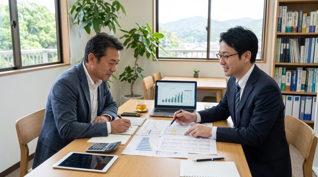 箕面市の税理士事務所で経営者と数字を見ながら相談するイメージ