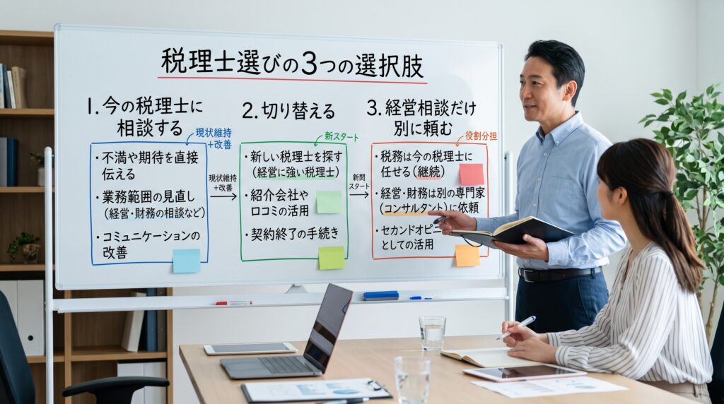 今の税理士に相談する・切り替える・経営相談だけ別に頼むの3つの選択肢